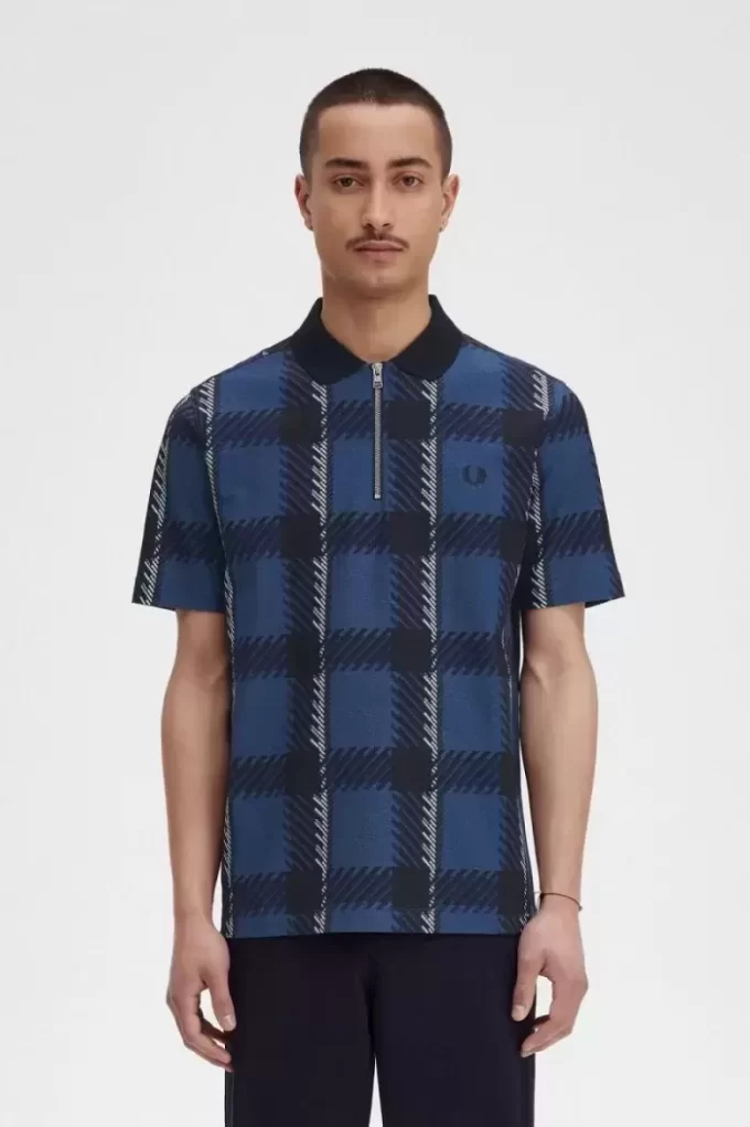 Polo da uomo con zip e scollo a V in tartan Glitch Polo da uomo con zip e scollo a V in tartan Glitch