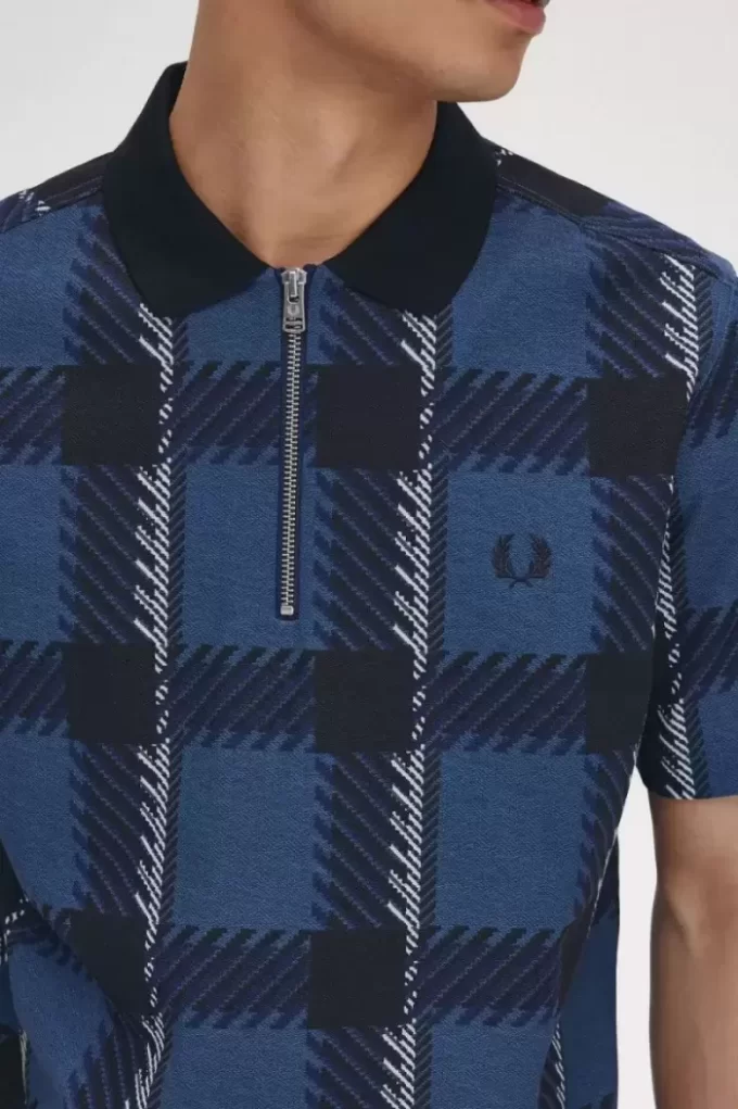 Polo da uomo con zip e scollo a V in tartan Glitch Polo da uomo con zip e scollo a V in tartan Glitch