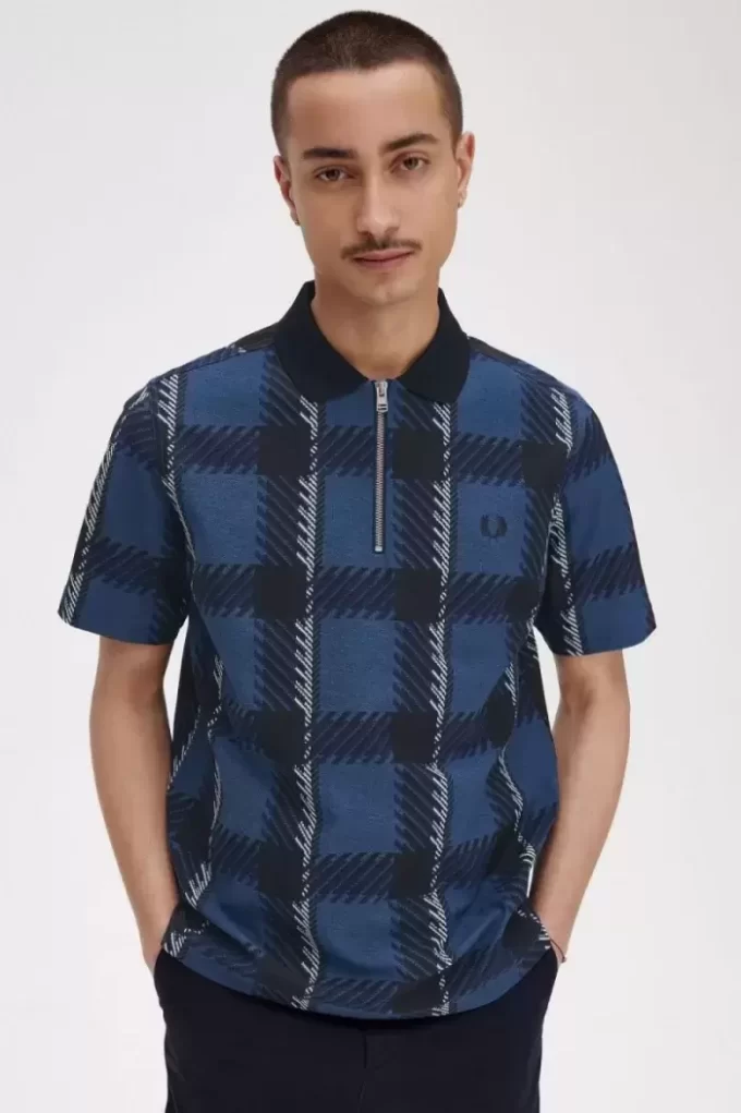 Polo da uomo con zip e scollo a V in tartan Glitch Polo da uomo con zip e scollo a V in tartan Glitch